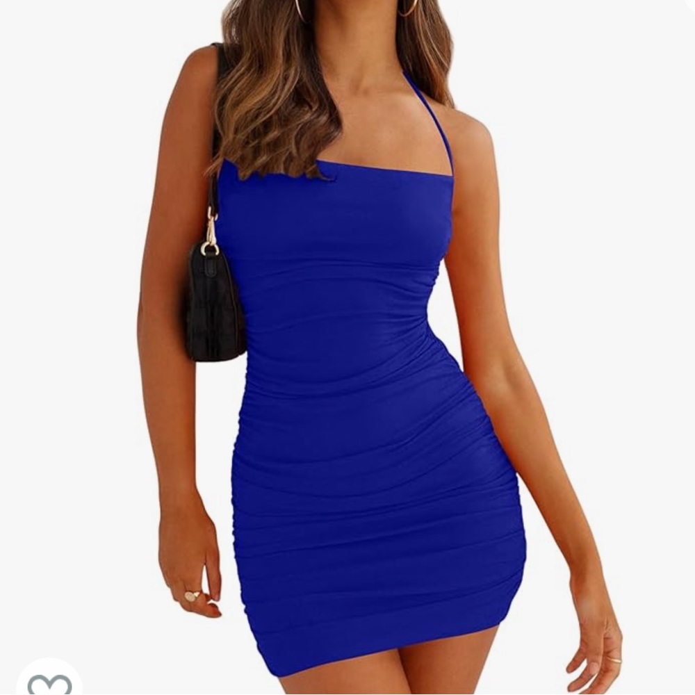 Blue bodycon backless ruched halter dress